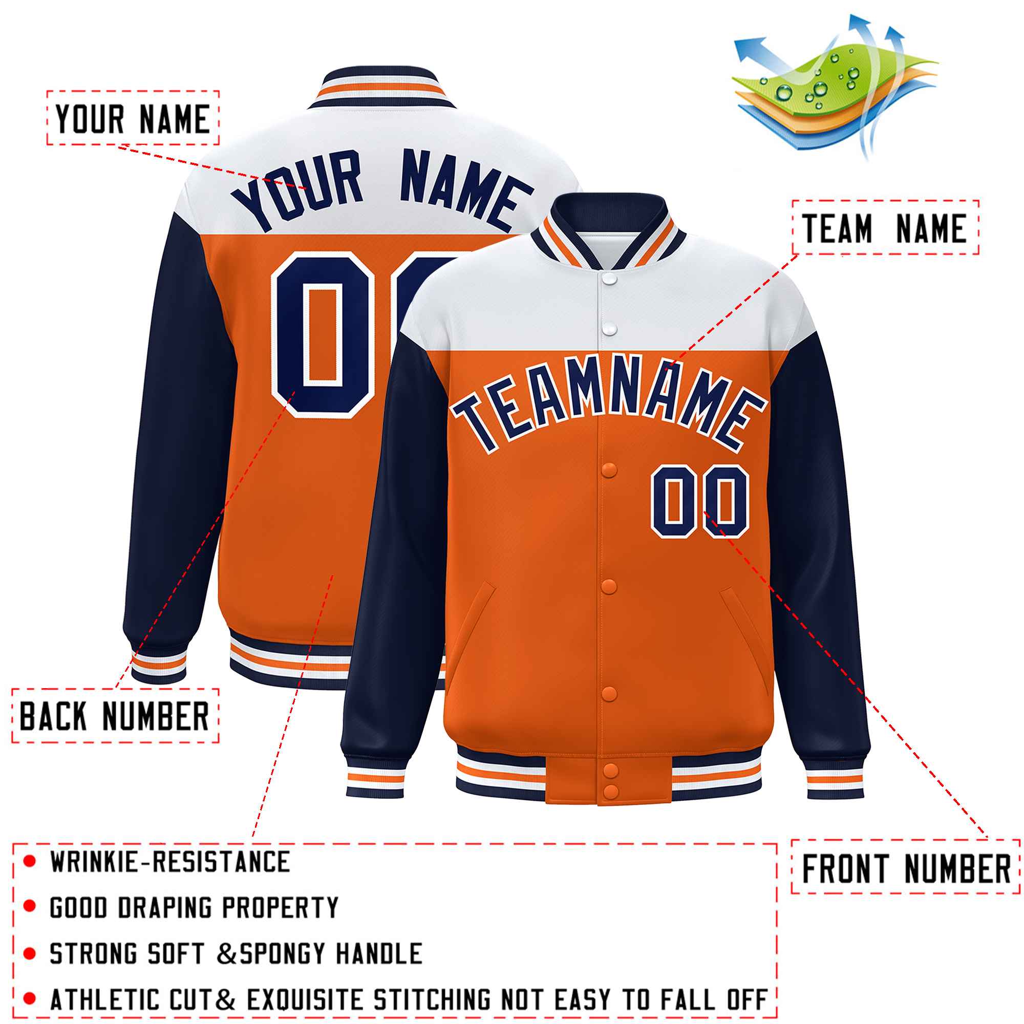 Custom White Orange-Navy Letterman Color Block Varsity Full-Snap Baseball Jacket