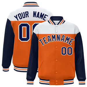 Custom White Orange-Navy Letterman Color Block Varsity Full-Snap Baseball Jacket