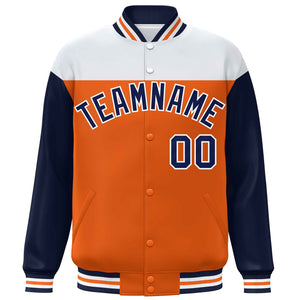 Custom White Orange-Navy Letterman Color Block Varsity Full-Snap Baseball Jacket