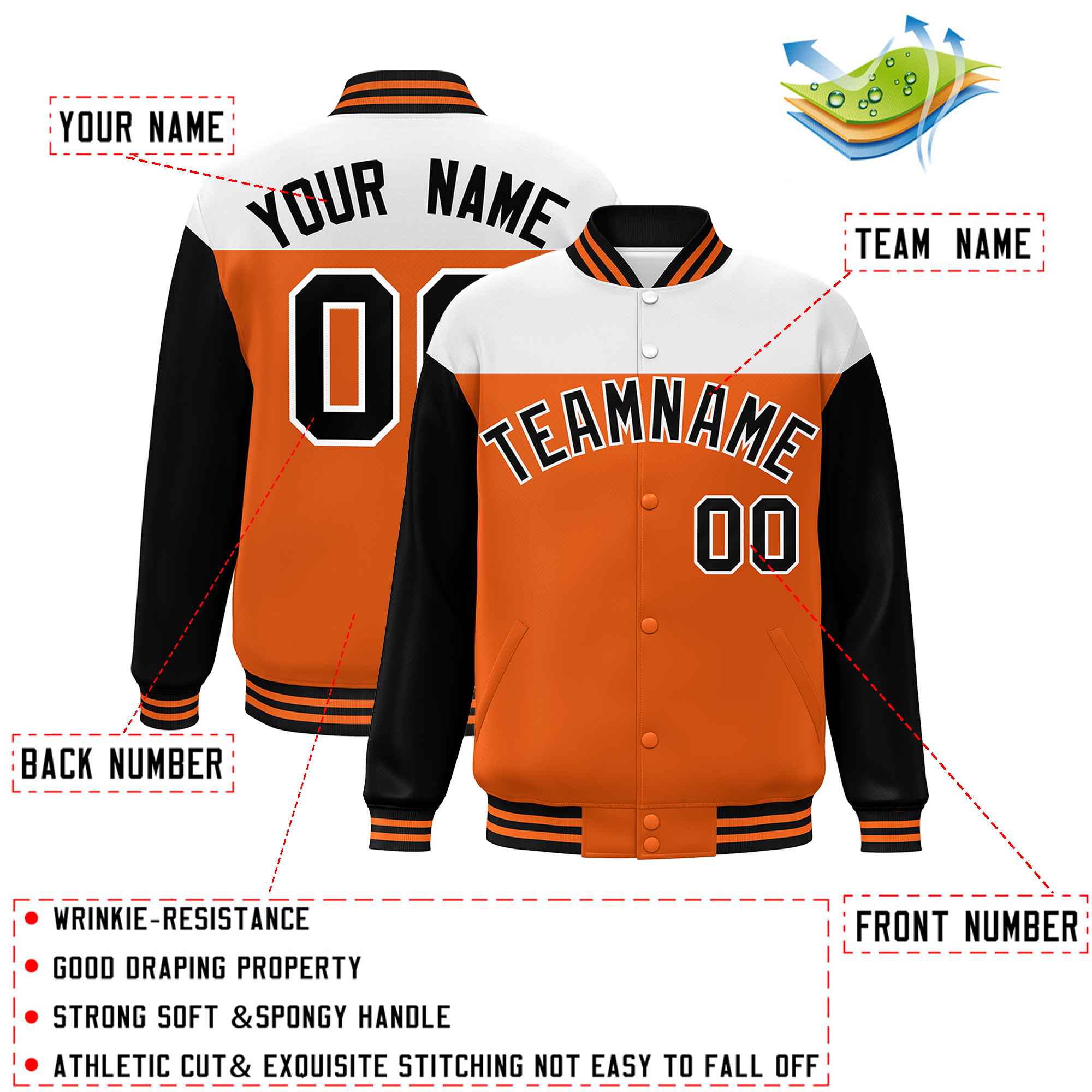 Custom White Orange-Black Letterman Color Block Varsity Full-Snap Baseball Jacket