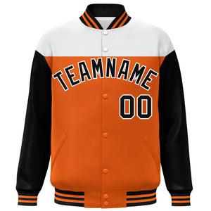 Custom White Orange-Black Letterman Color Block Varsity Full-Snap Baseball Jacket