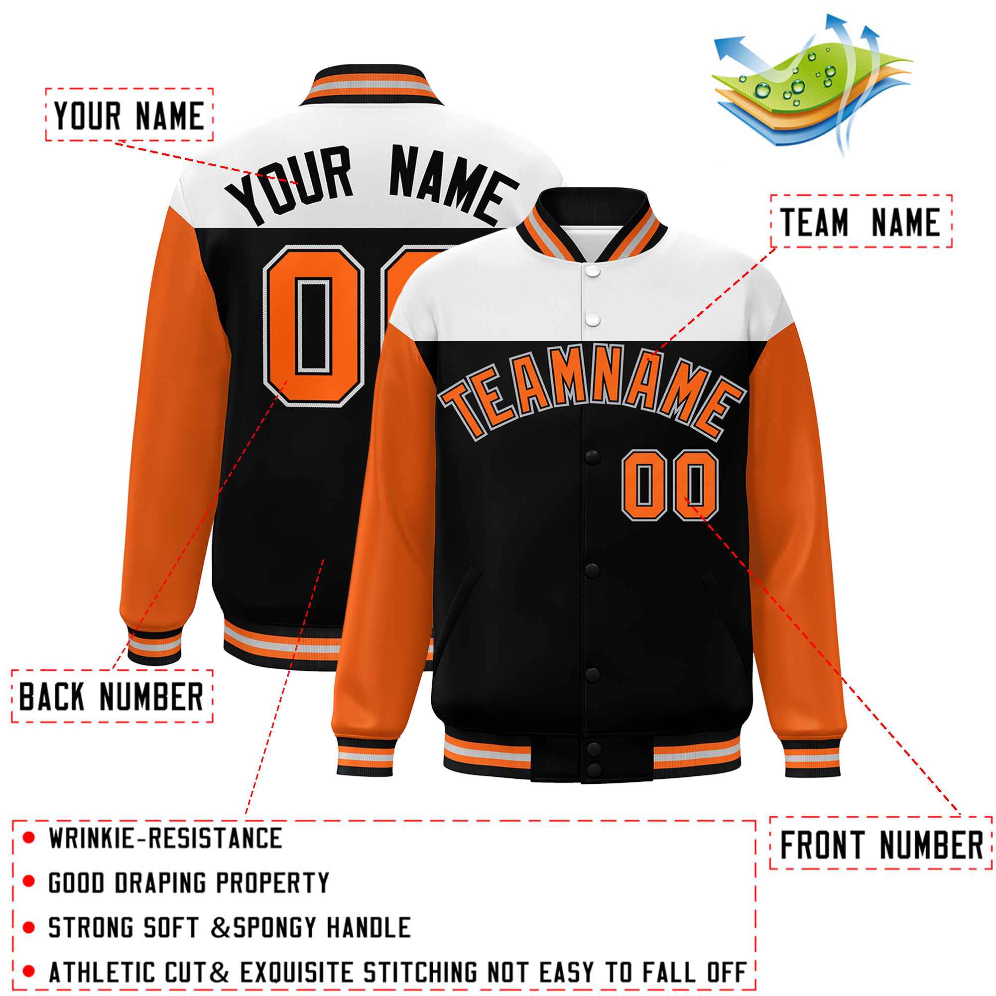 Custom White Black-Orange Letterman Color Block Varsity Full-Snap Baseball Jacket