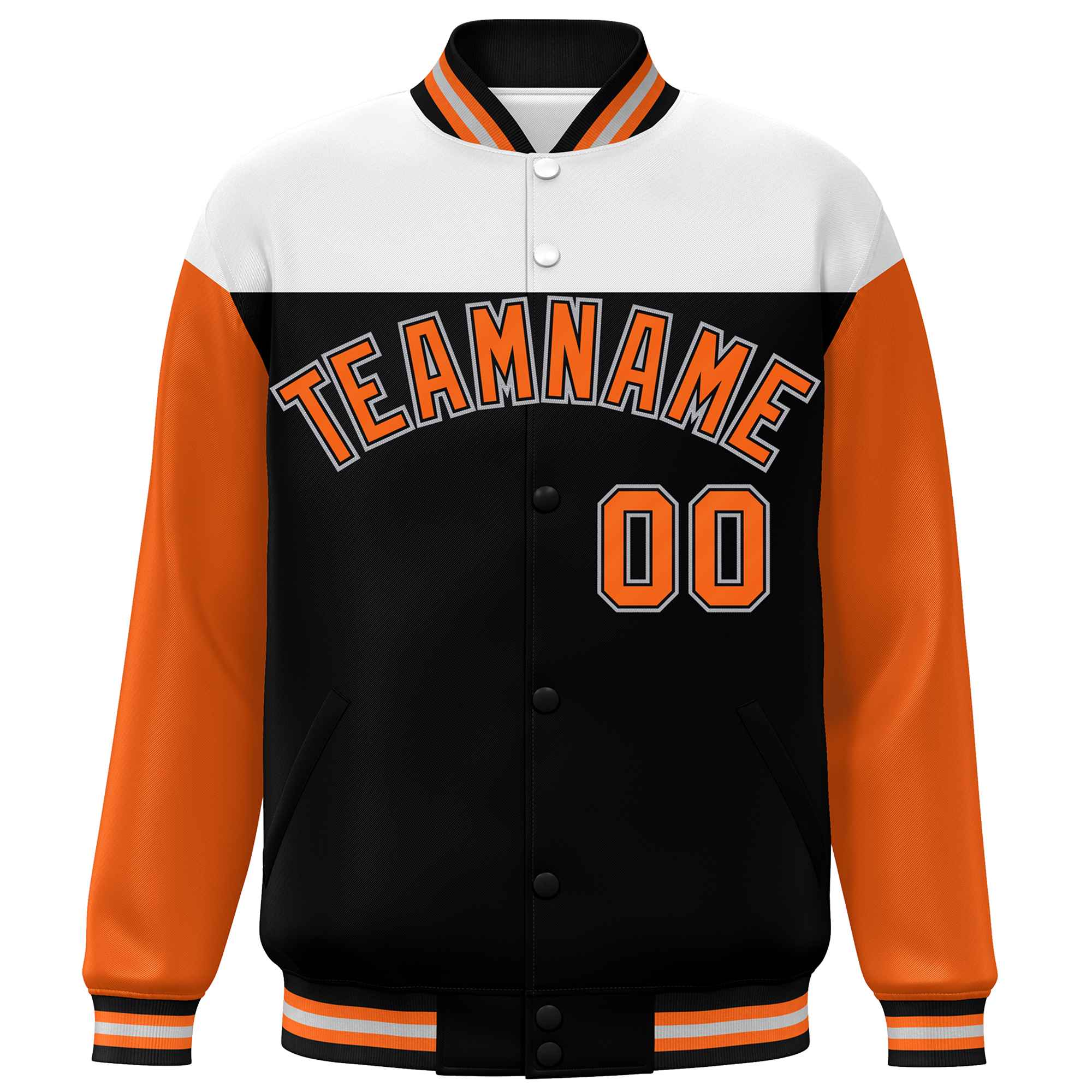 Custom White Black-Orange Letterman Color Block Varsity Full-Snap Baseball Jacket