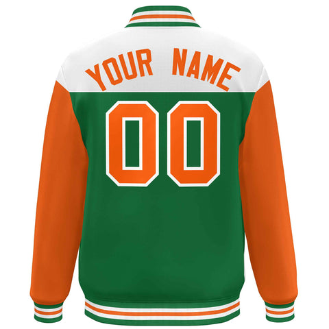 Custom White Kelly Green-Orange Letterman Color Block Varsity Full-Snap Baseball Jacket