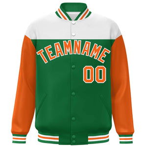 Custom White Kelly Green-Orange Letterman Color Block Varsity Full-Snap Baseball Jacket