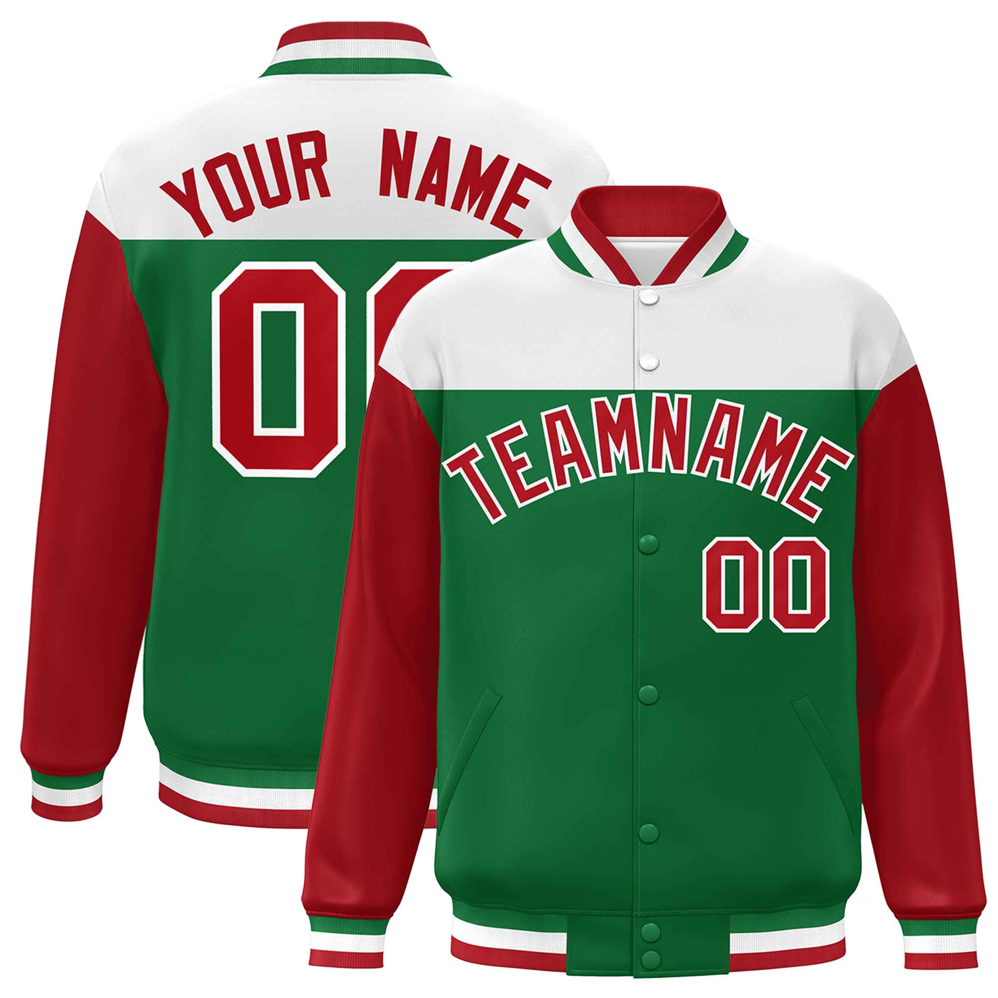 Custom White Kelly Green-Red Letterman Color Block Varsity Full-Snap Baseball Jacket