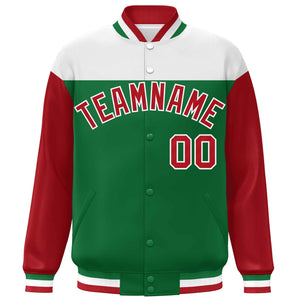 Custom White Kelly Green-Red Letterman Color Block Varsity Full-Snap Baseball Jacket