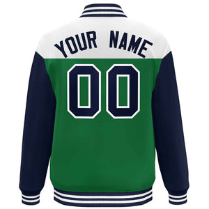 Custom White Kelly Green-Navy Letterman Color Block Varsity Full-Snap Baseball Jacket