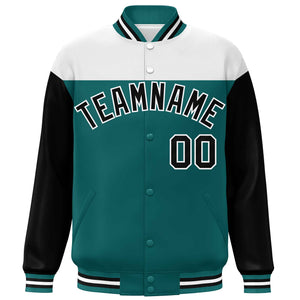 Custom White Aqua-Black Letterman Color Block Varsity Full-Snap Baseball Jacket