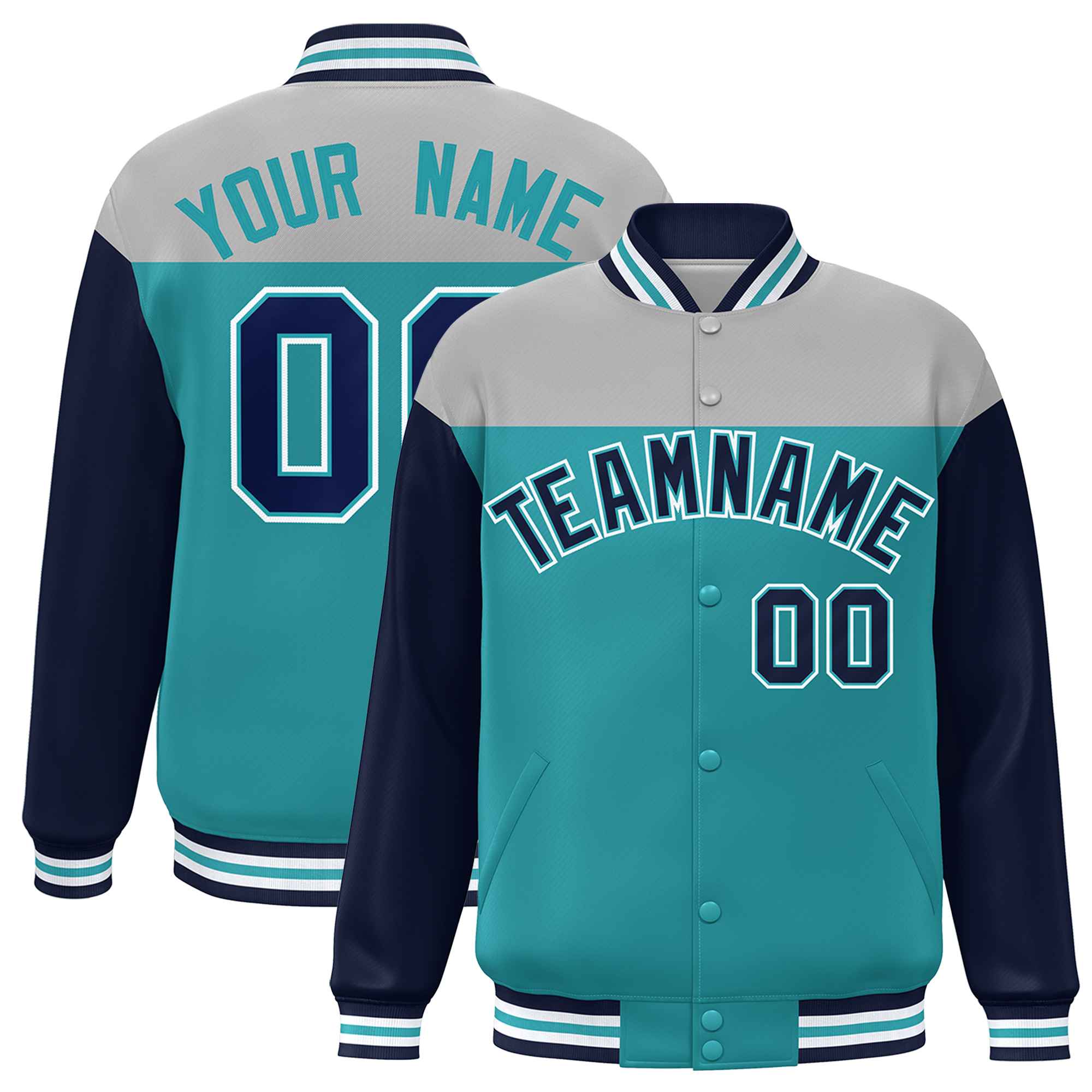 Custom Gray Aqua-Navy Letterman Color Block Varsity Full-Snap Baseball Jacket