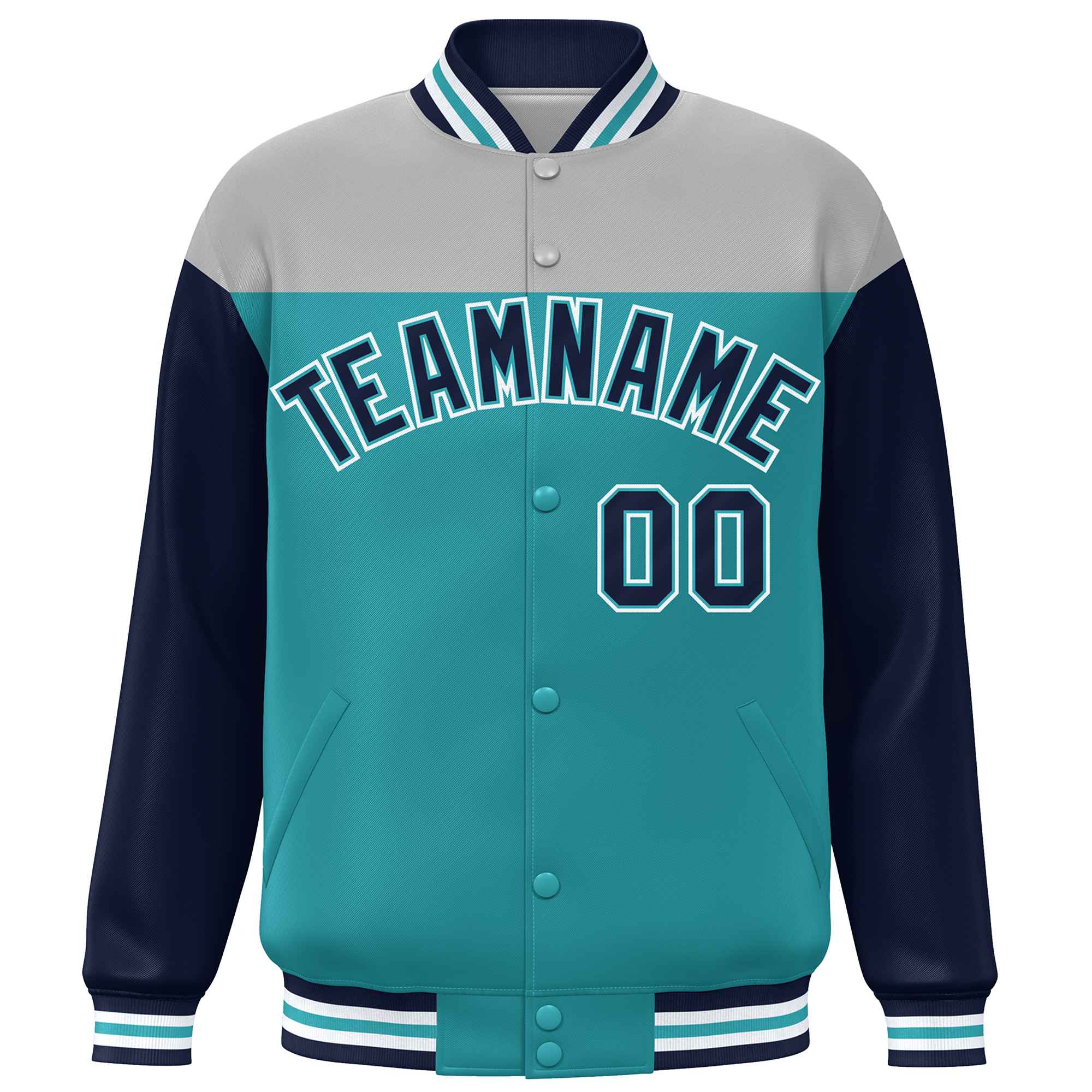 Custom Gray Aqua-Navy Letterman Color Block Varsity Full-Snap Baseball Jacket