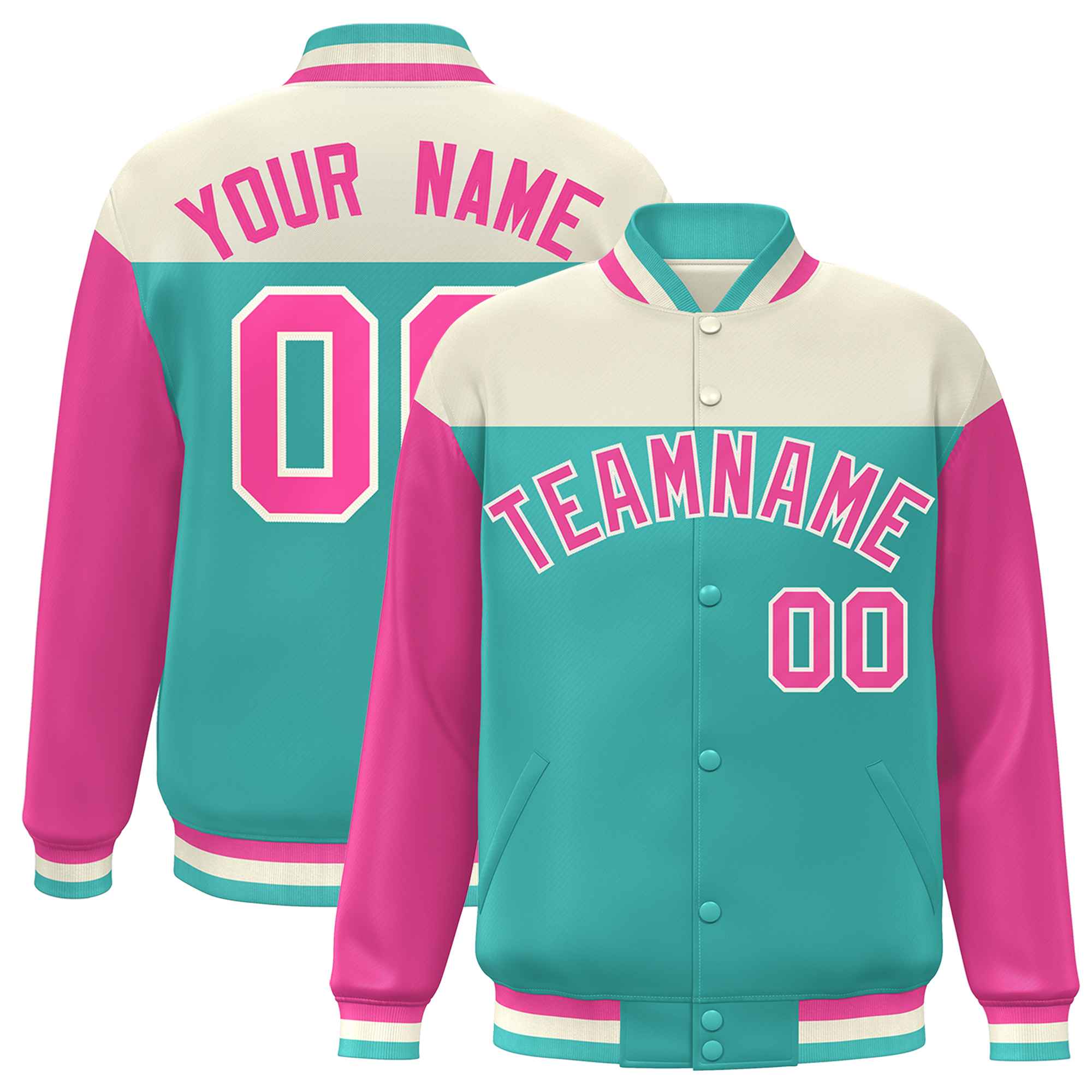 Custom Cream Aqua-Pink Letterman Color Block Varsity Full-Snap Baseball Jacket