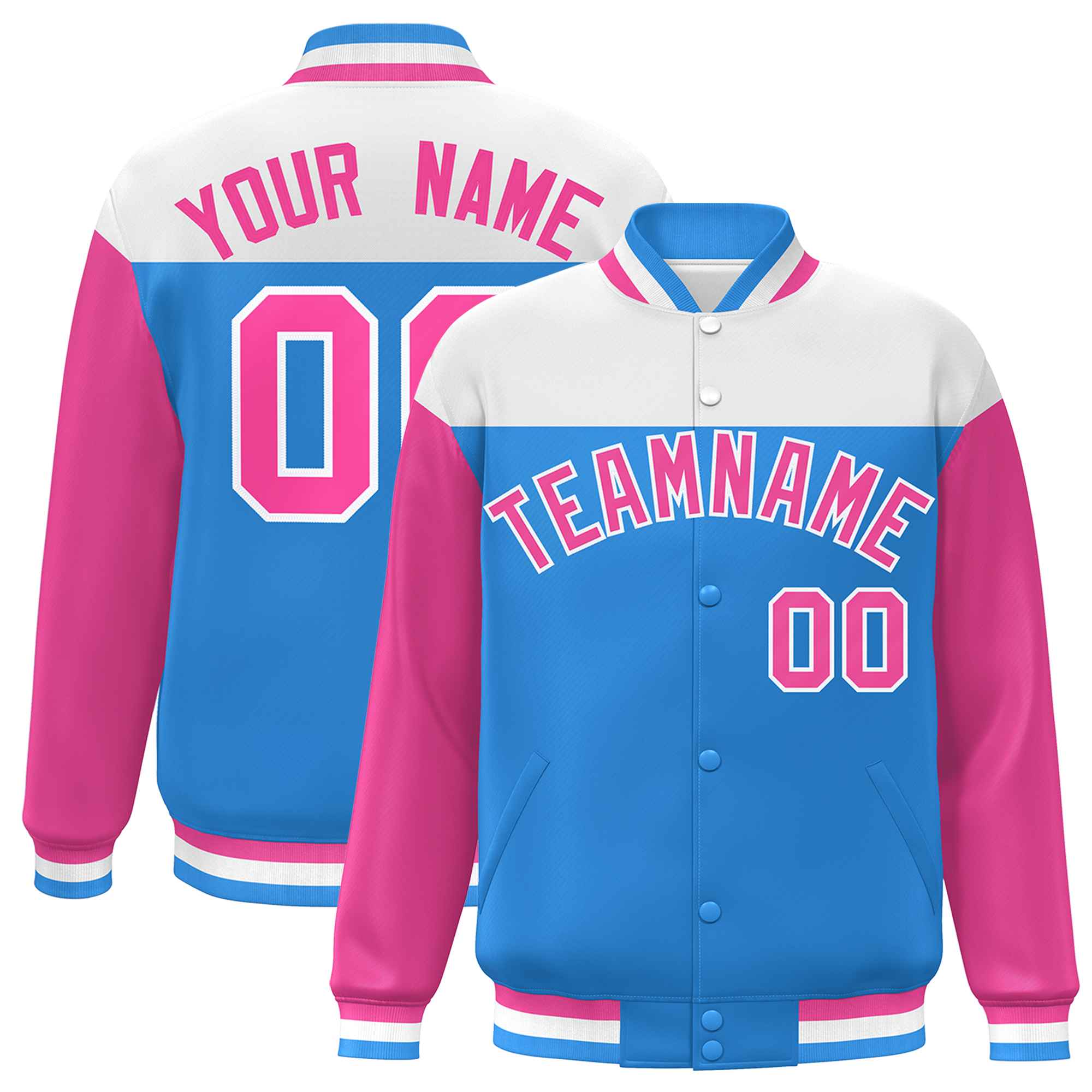 Custom White Powder Blue-Pink Letterman Color Block Varsity Full-Snap Baseball Jacket