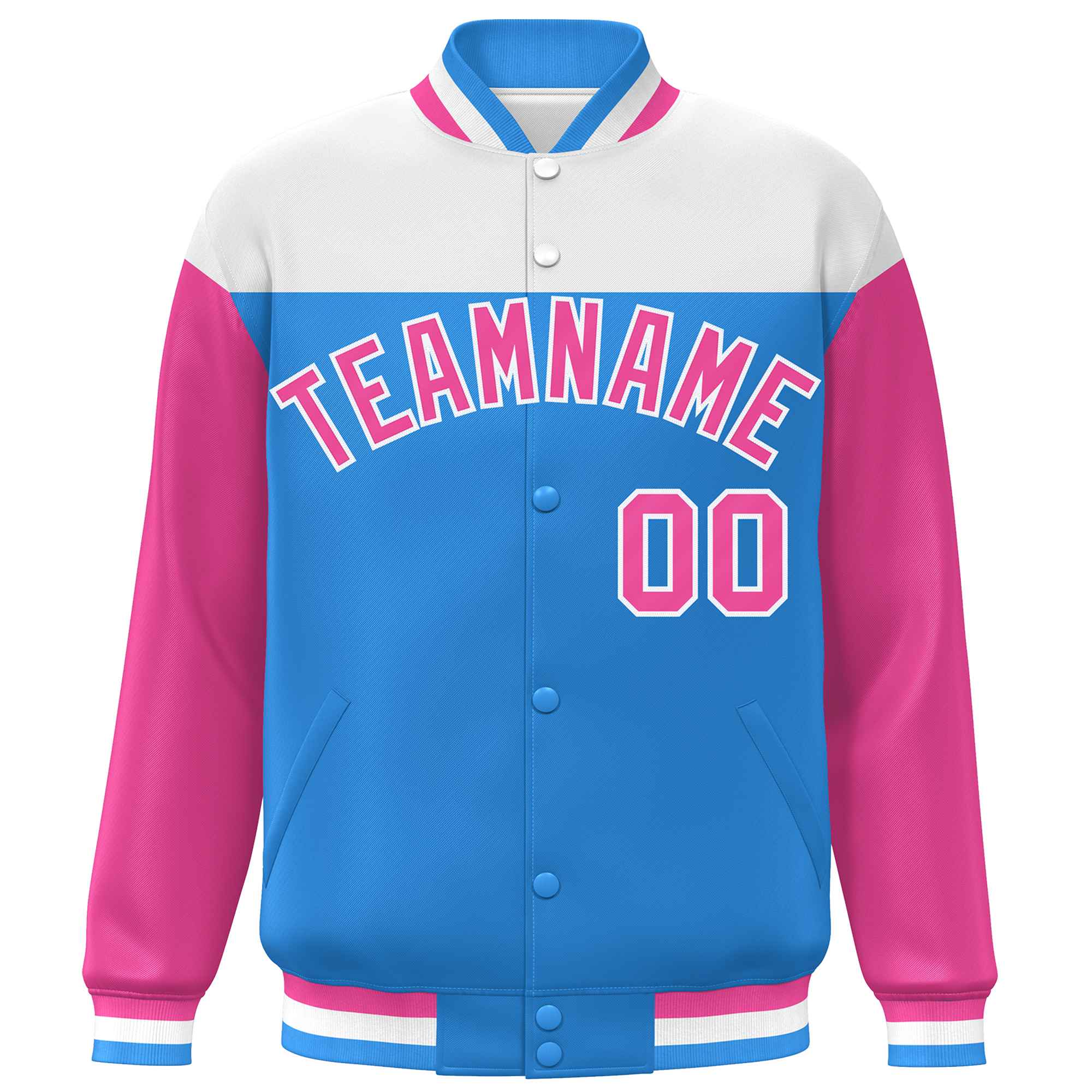 Custom White Powder Blue-Pink Letterman Color Block Varsity Full-Snap Baseball Jacket