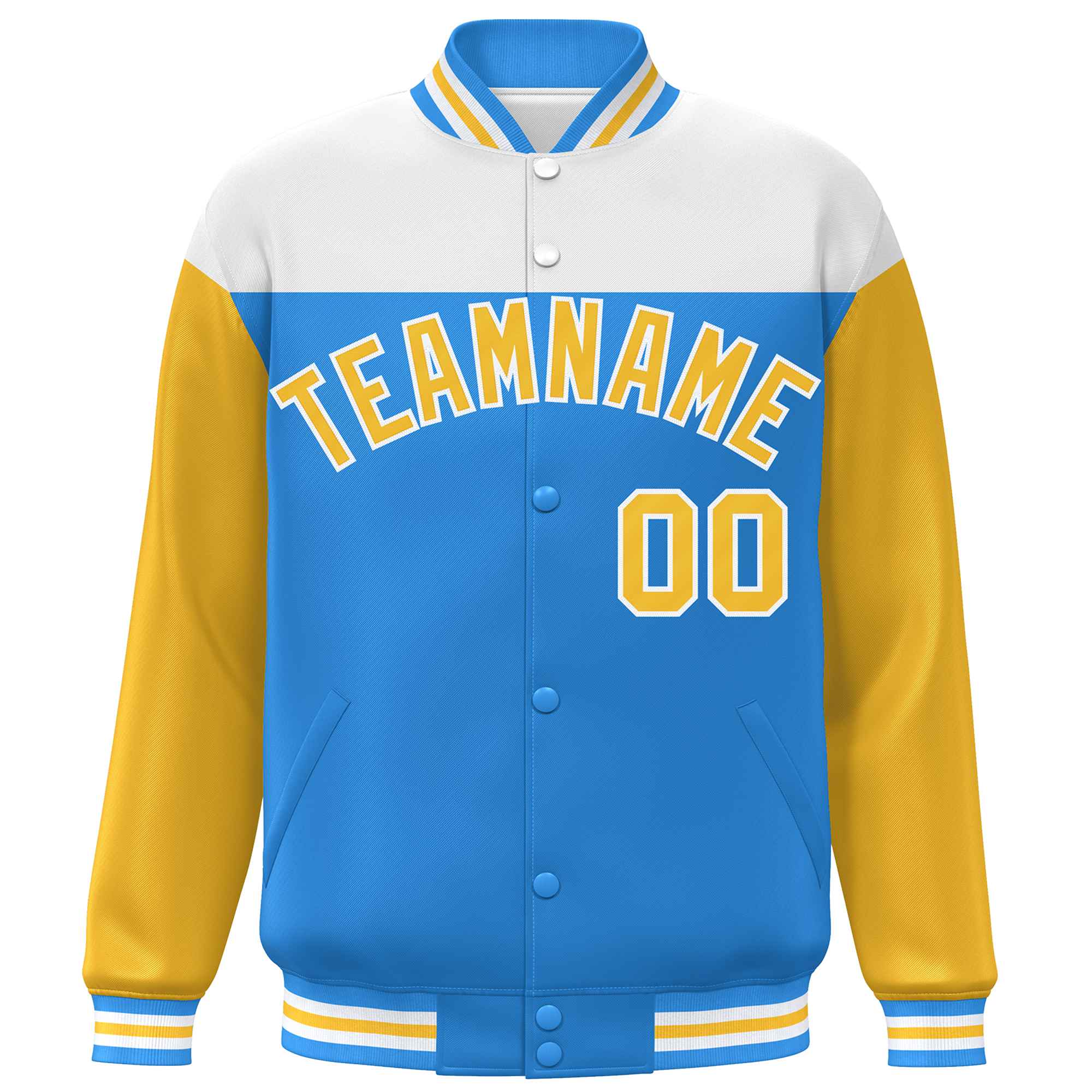 Custom White Powder Blue-Gold Letterman Color Block Varsity Full-Snap Baseball Jacket