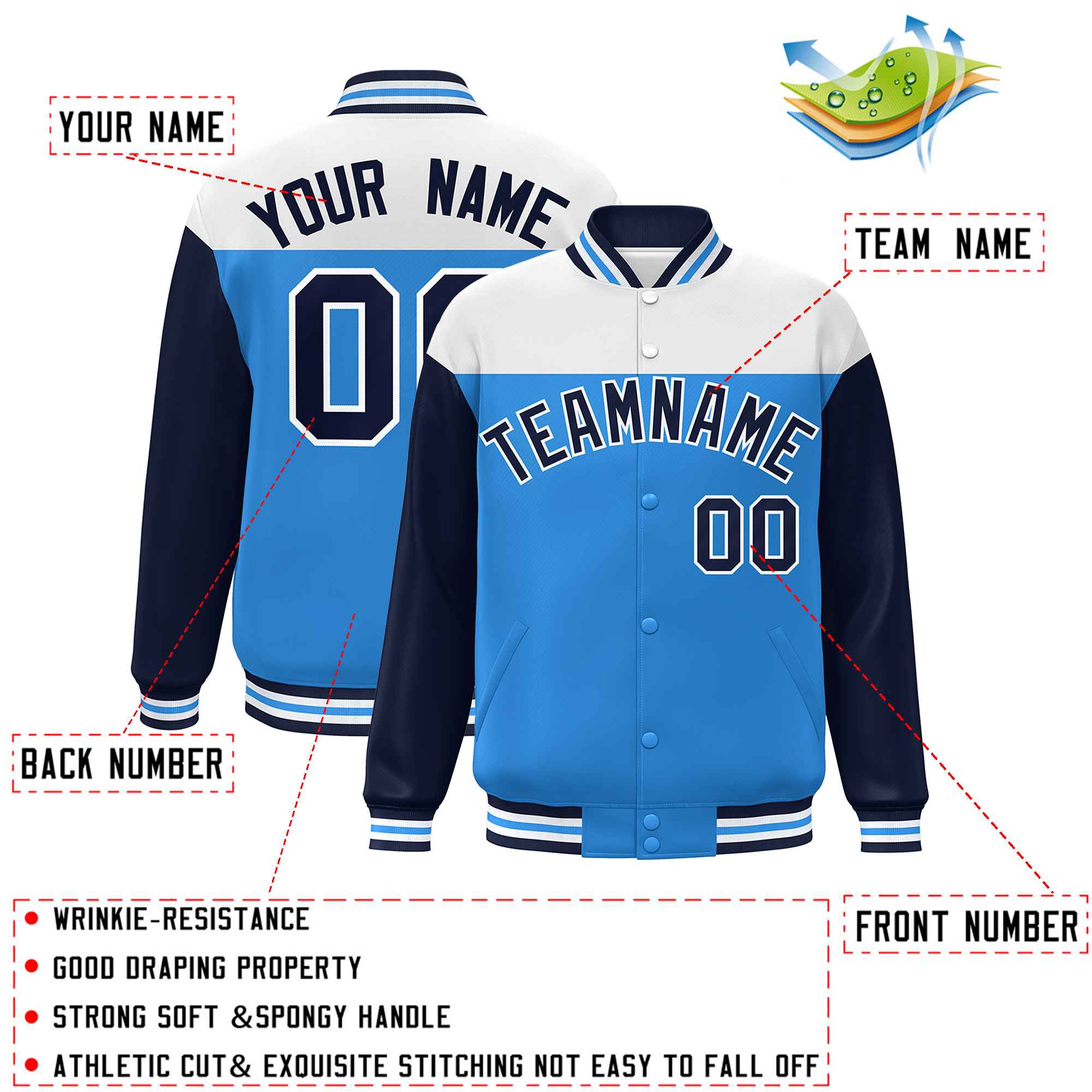 Custom White Powder Blue-Navy Letterman Color Block Varsity Full-Snap Baseball Jacket