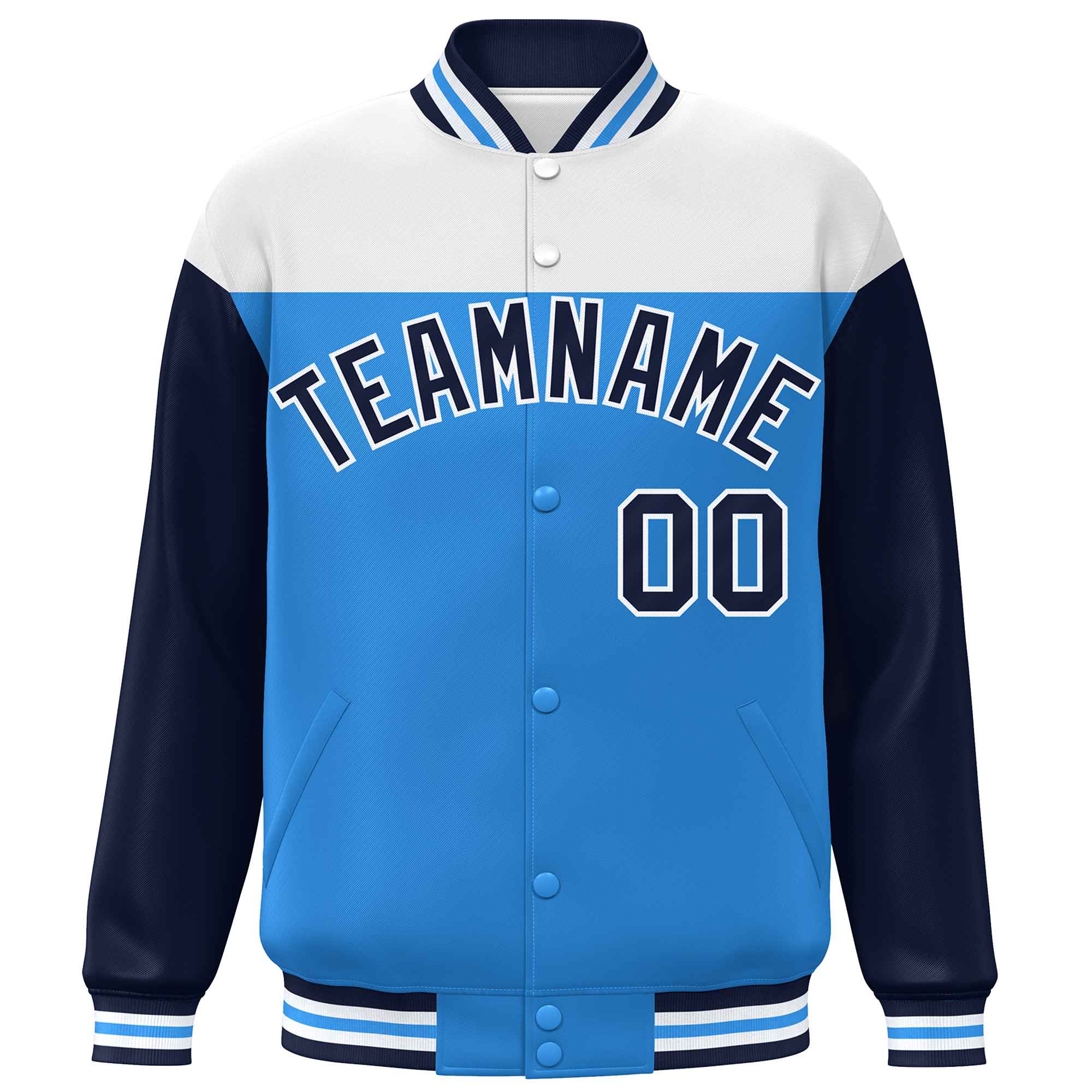 Custom White Powder Blue-Navy Letterman Color Block Varsity Full-Snap Baseball Jacket