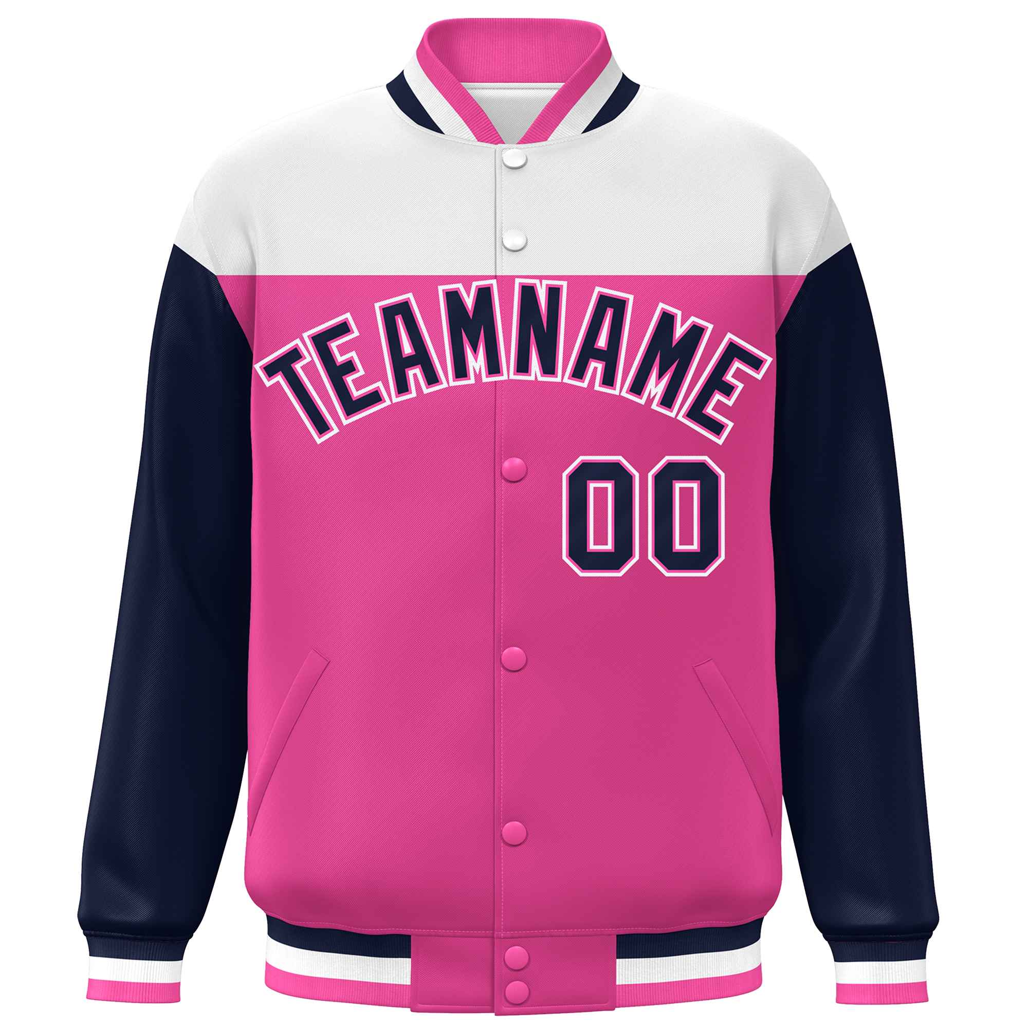 Custom White Pink-Navy Letterman Color Block Varsity Full-Snap Baseball Jacket