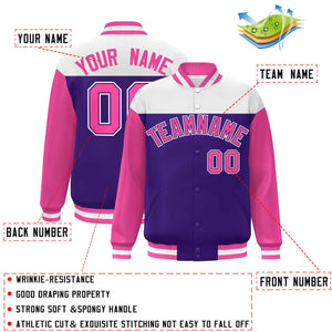 Custom White Purple-Pink Letterman Color Block Varsity Full-Snap Baseball Jacket