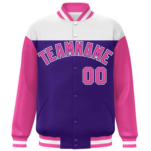 Custom White Purple-Pink Letterman Color Block Varsity Full-Snap Baseball Jacket