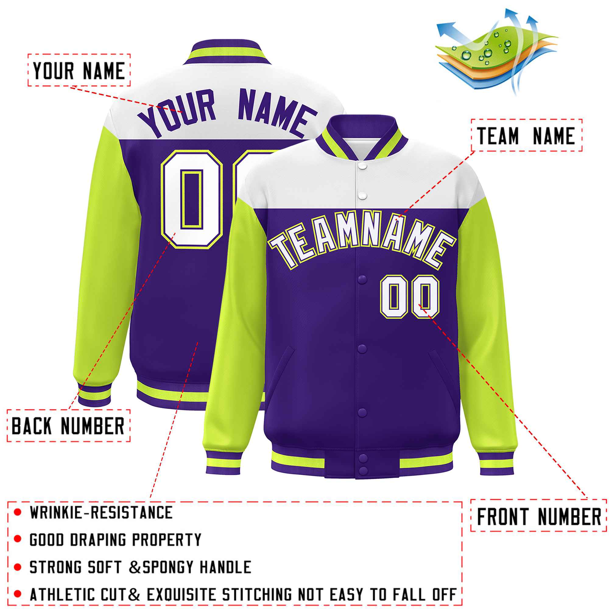 Custom White Purple-Neon Green Letterman Color Block Varsity Full-Snap Baseball Jacket