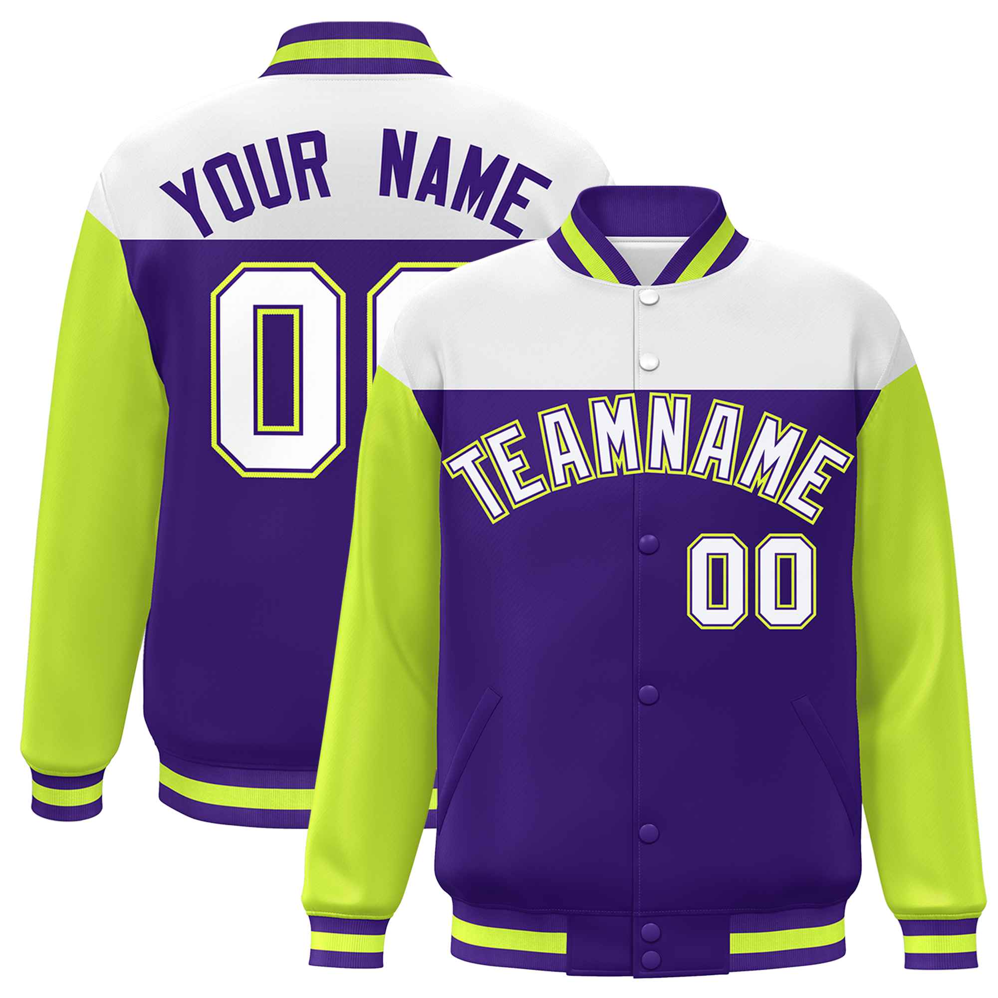 Custom White Purple-Neon Green Letterman Color Block Varsity Full-Snap Baseball Jacket