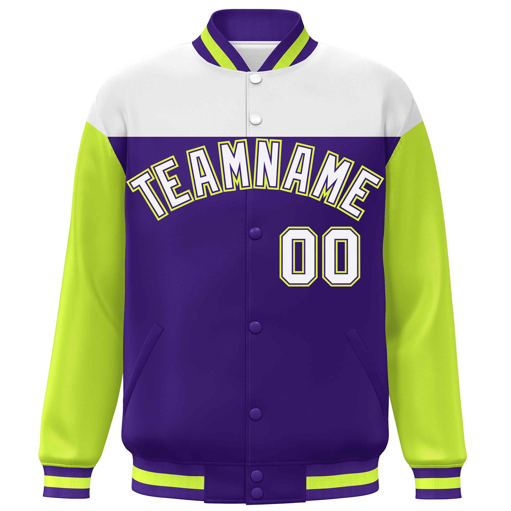 Custom White Purple-Neon Green Letterman Color Block Varsity Full-Snap Baseball Jacket