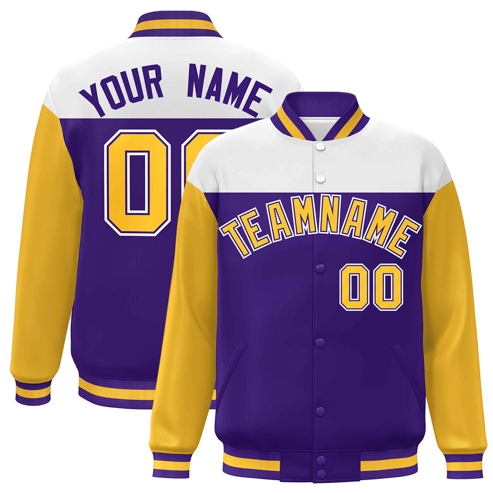 Custom White Purple-Gold Letterman Color Block Varsity Full-Snap Baseball Jacket