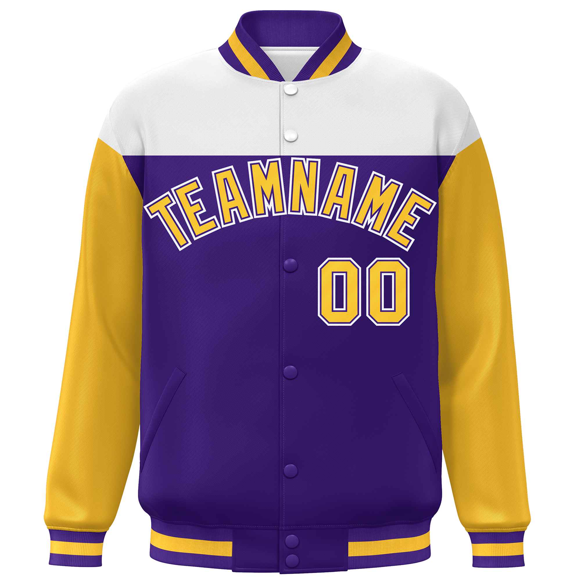 Custom White Purple-Gold Letterman Color Block Varsity Full-Snap Baseball Jacket