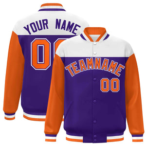 Custom White Purple-Orange Letterman Color Block Varsity Full-Snap Baseball Jacket