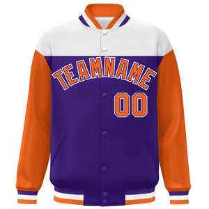 Custom White Purple-Orange Letterman Color Block Varsity Full-Snap Baseball Jacket