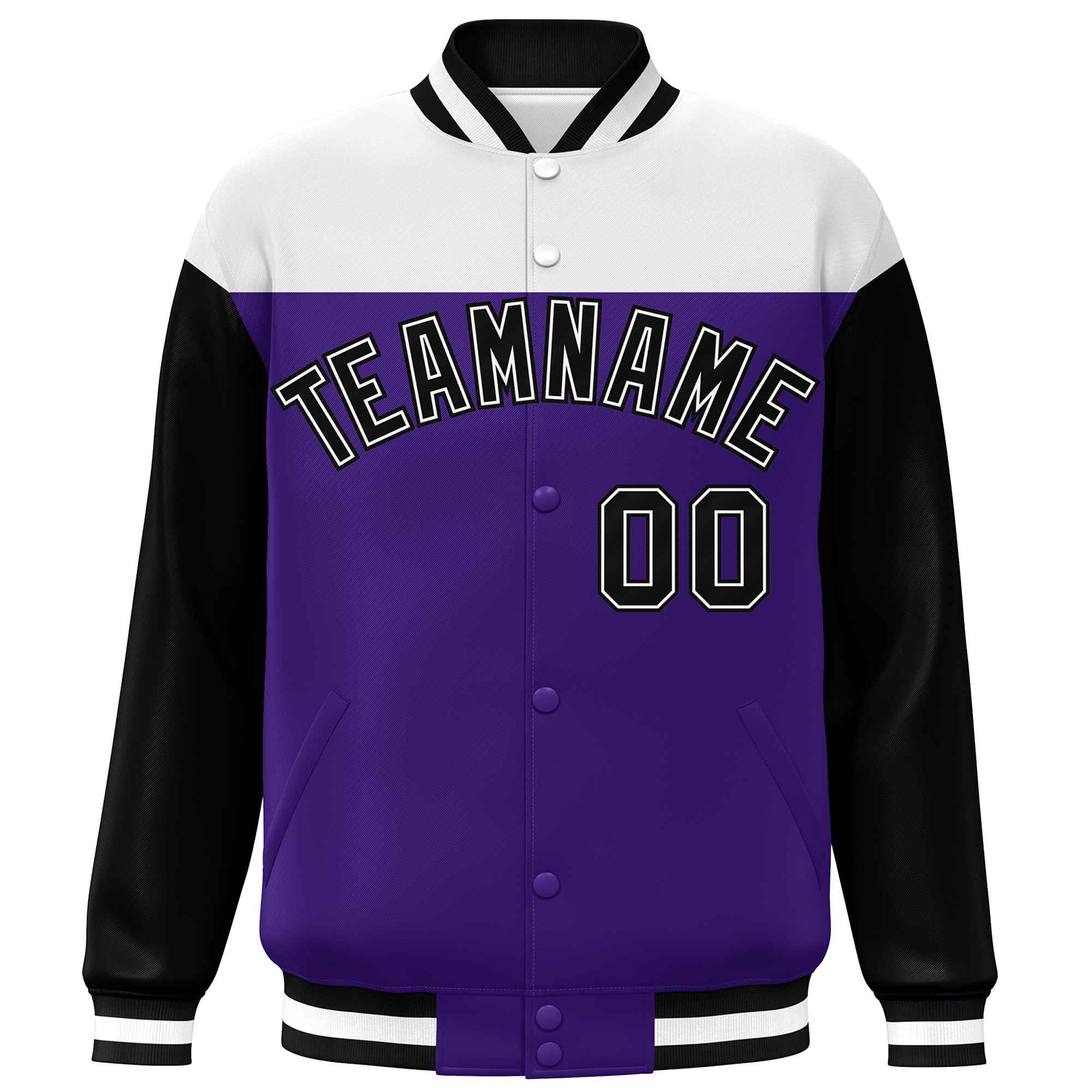 Custom White Purple-Black Letterman Color Block Varsity Full-Snap Baseball Jacket