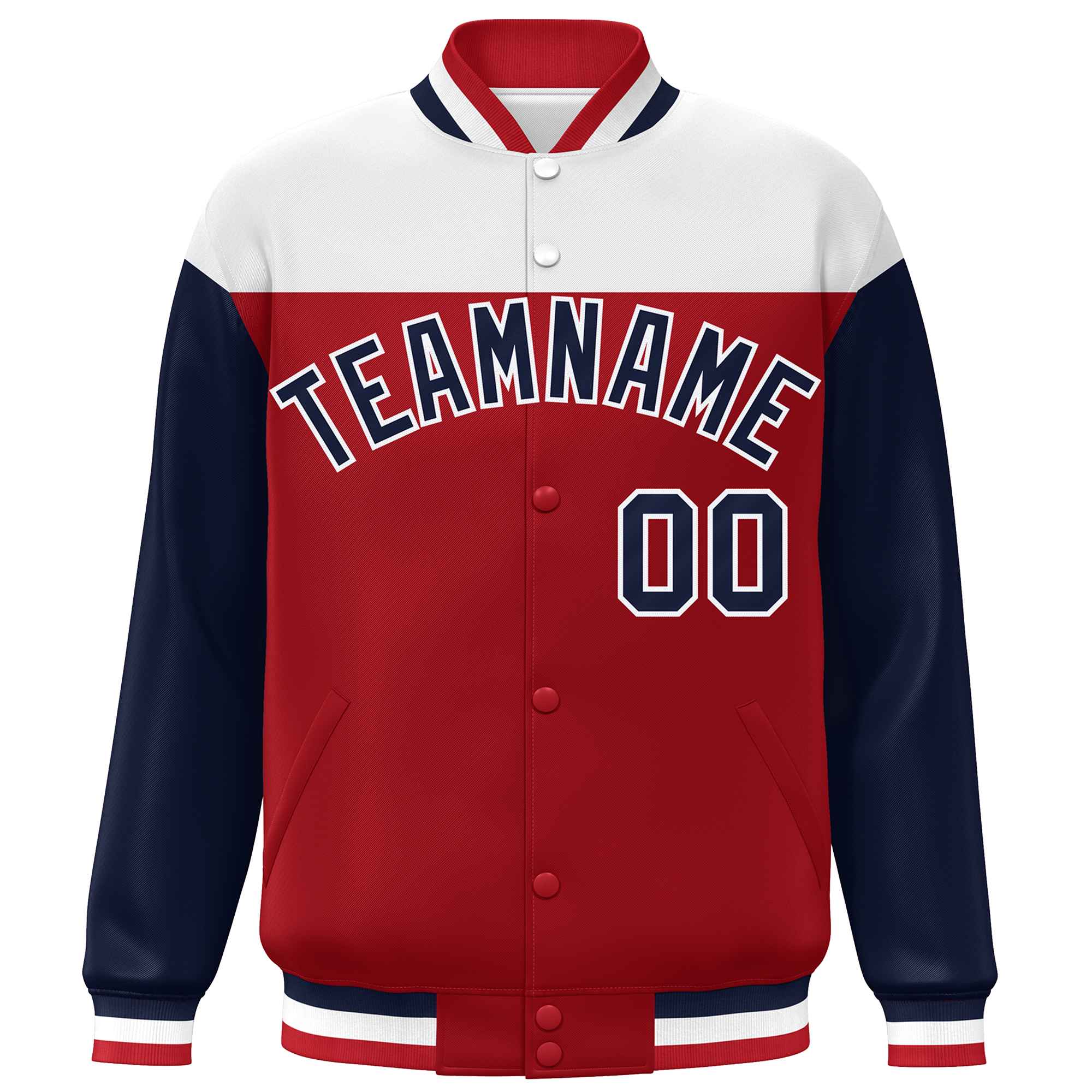 Custom White Red-Navy Letterman Color Block Varsity Full-Snap Baseball Jacket