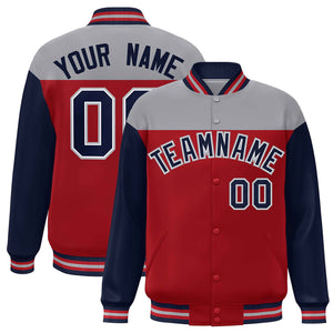 Custom Gray Red-Navy Letterman Color Block Varsity Full-Snap Baseball Jacket