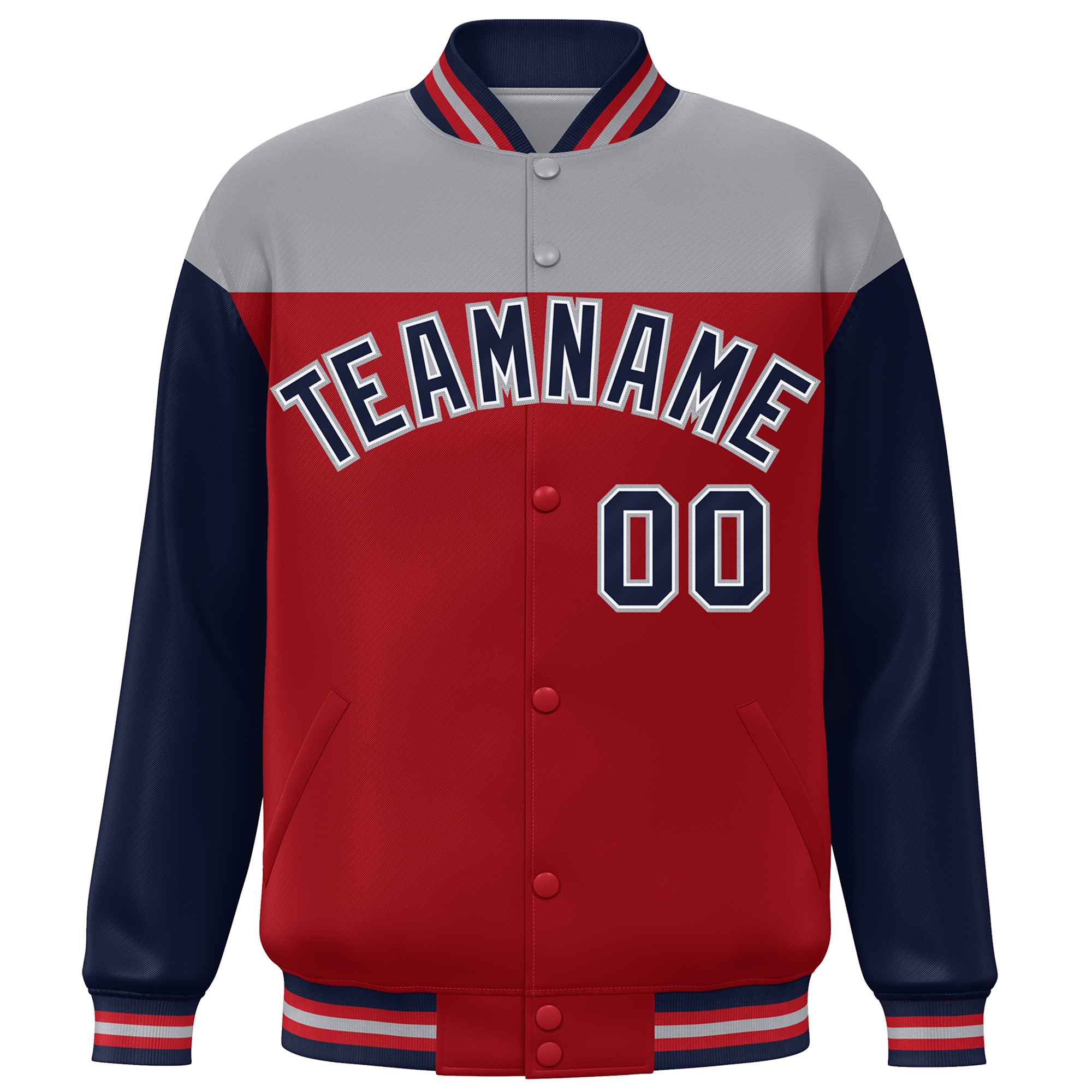 Custom Gray Red-Navy Letterman Color Block Varsity Full-Snap Baseball Jacket