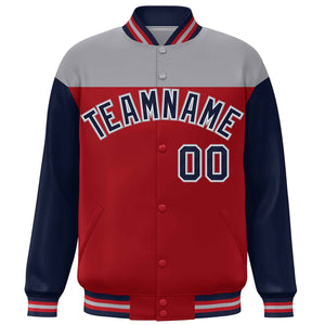 Custom Gray Red-Navy Letterman Color Block Varsity Full-Snap Baseball Jacket