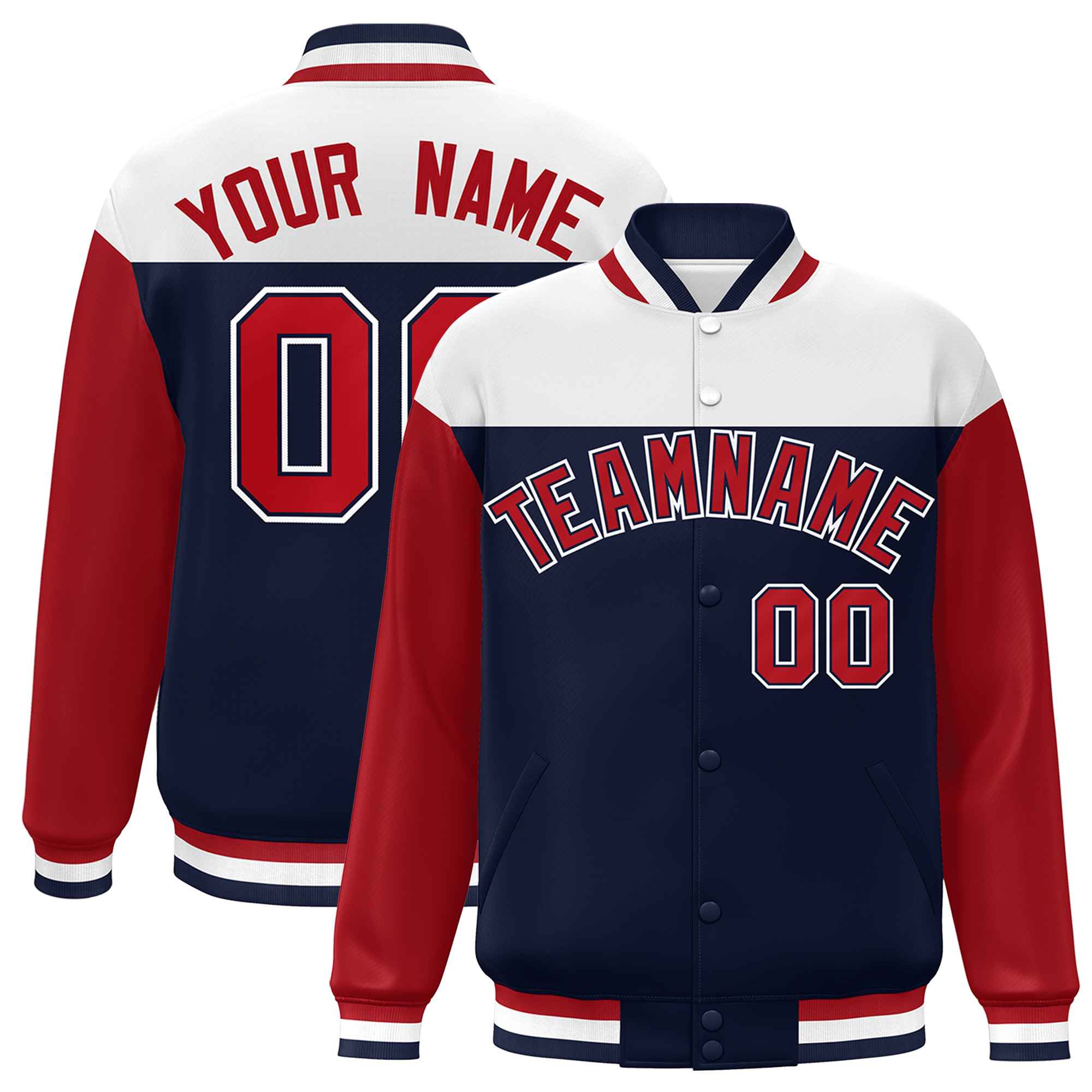 Custom White Navy-Red Letterman Color Block Varsity Full-Snap Baseball Jacket