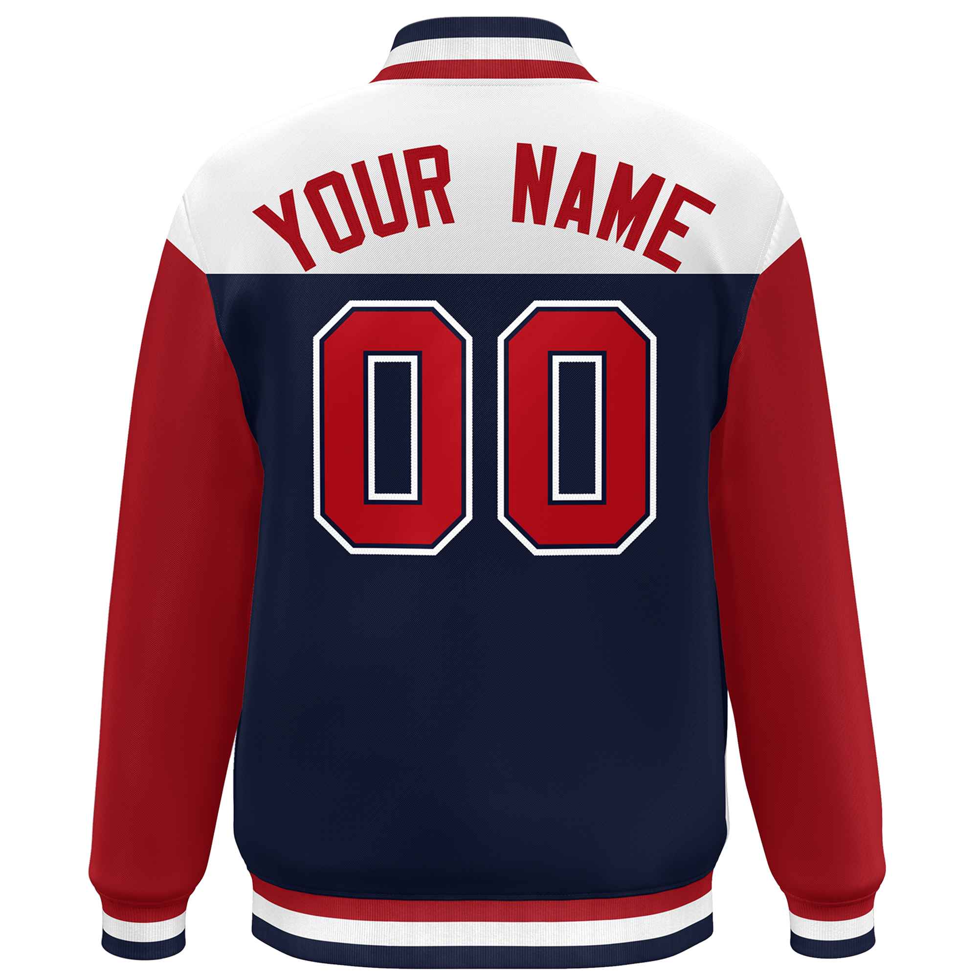 Custom White Navy-Red Letterman Color Block Varsity Full-Snap Baseball Jacket