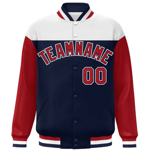 Custom White Navy-Red Letterman Color Block Varsity Full-Snap Baseball Jacket