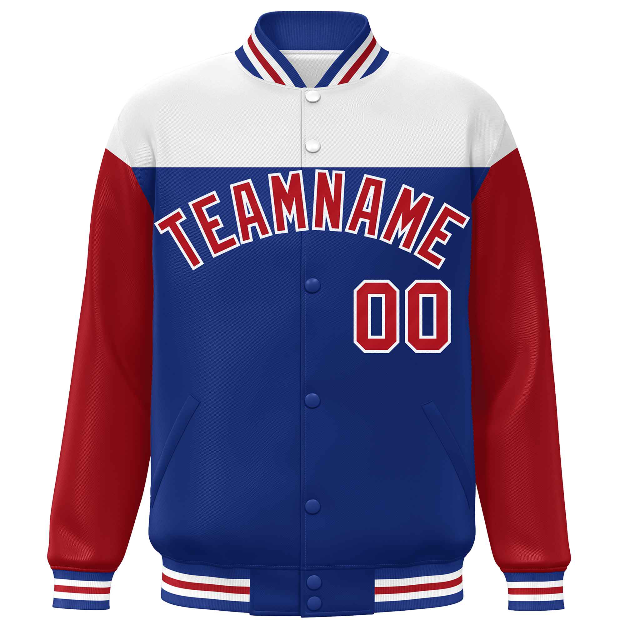 Custom White Royal-Red Letterman Color Block Varsity Full-Snap Baseball Jacket