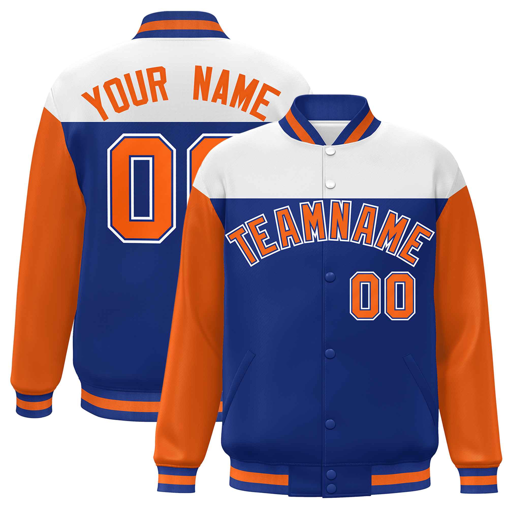 Custom White Royal-Orange Letterman Color Block Varsity Full-Snap Baseball Jacket