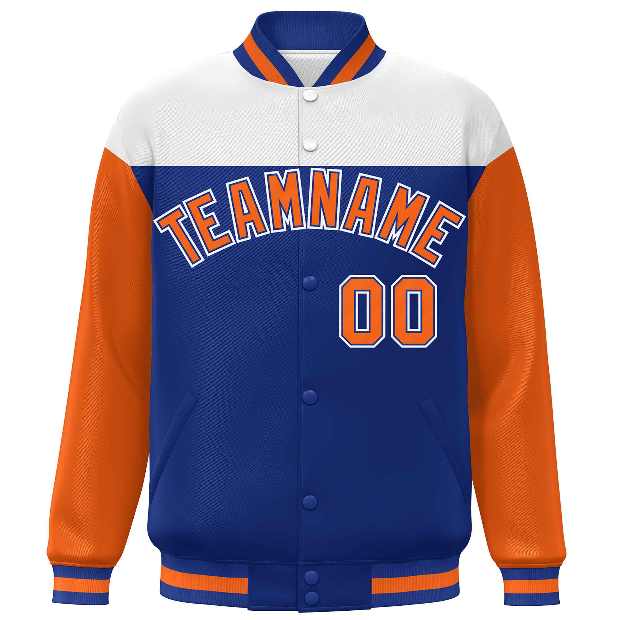 Custom White Royal-Orange Letterman Color Block Varsity Full-Snap Baseball Jacket