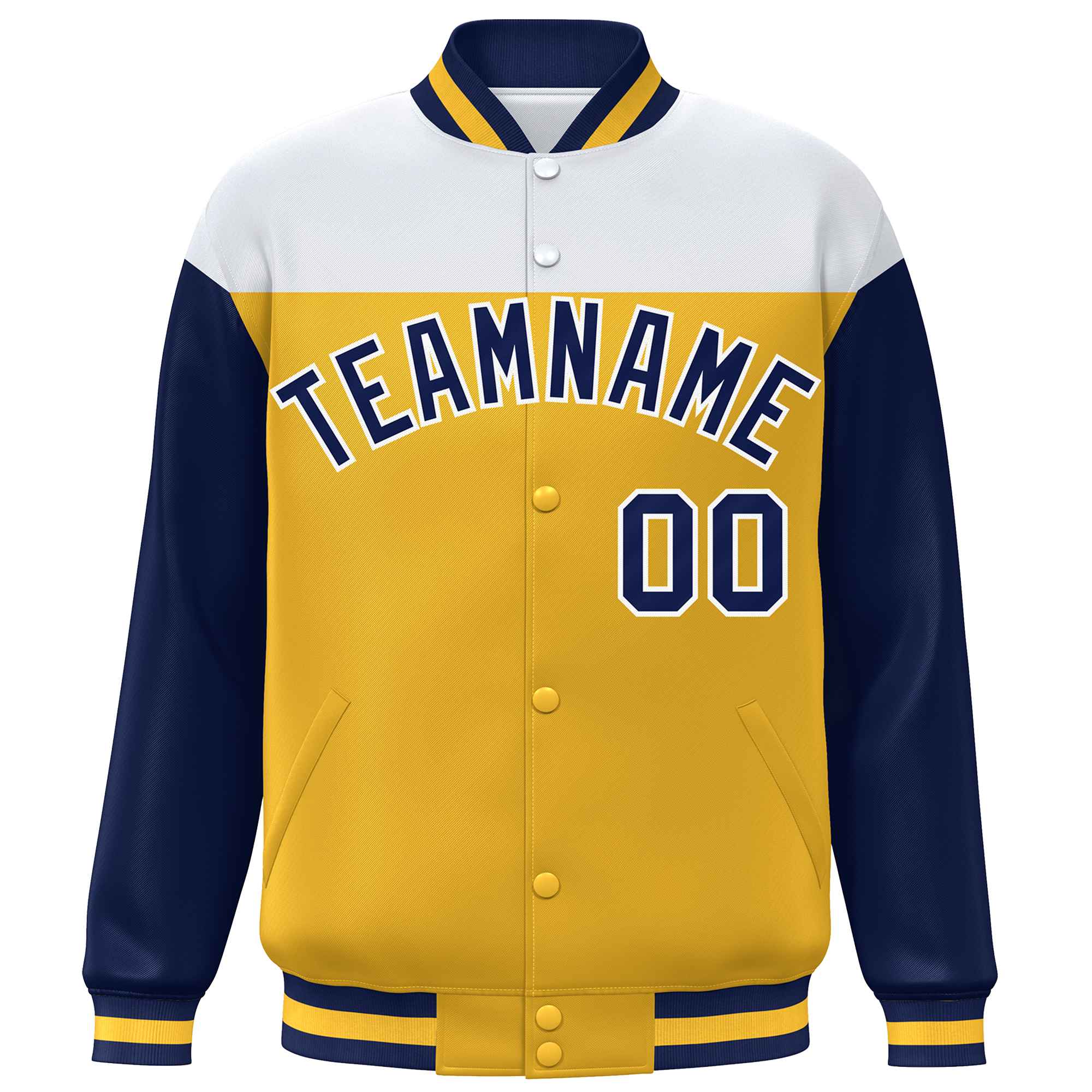 Custom White Gold-Navy Letterman Color Block Varsity Full-Snap Baseball Jacket