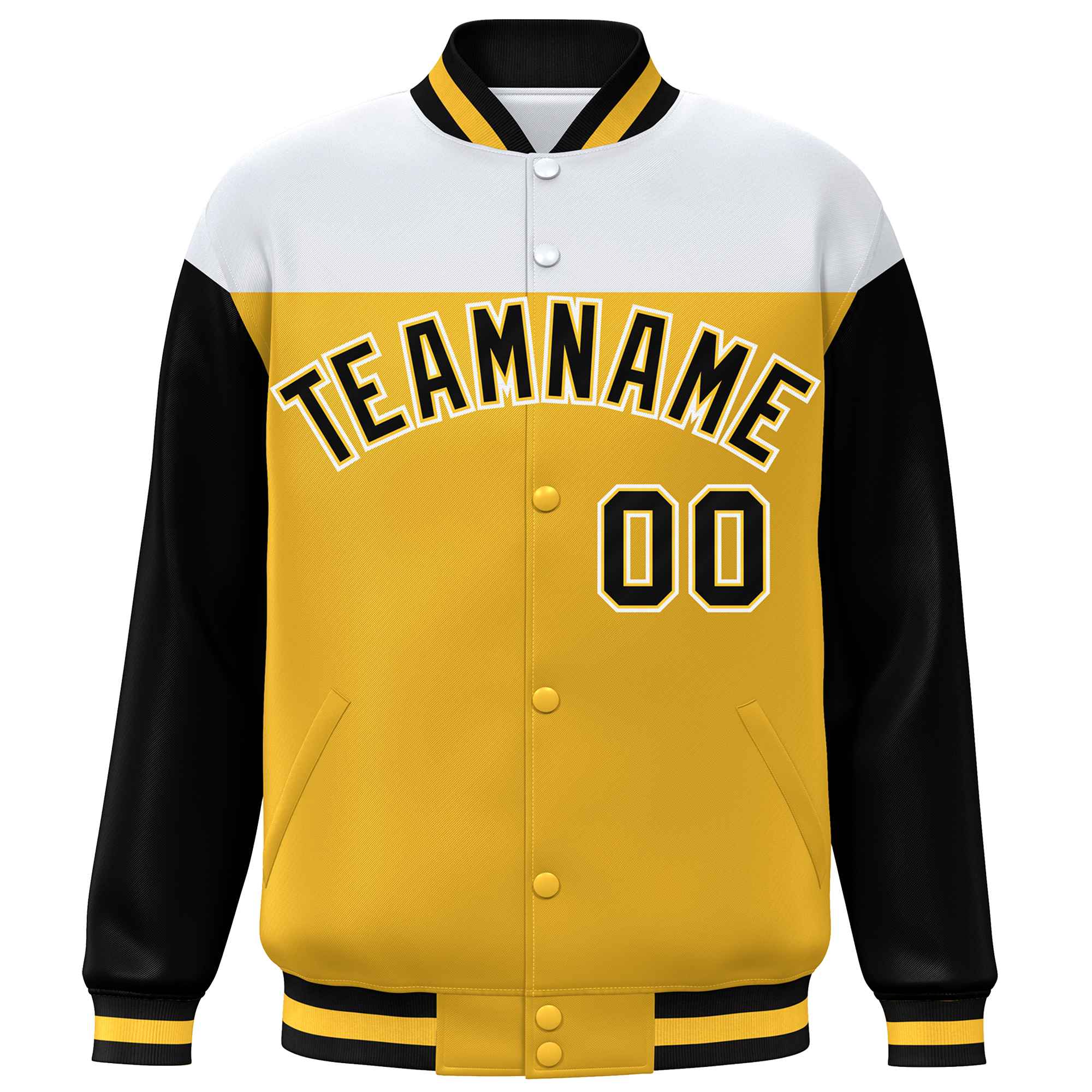 Custom White Gold-Black Letterman Color Block Varsity Full-Snap Baseball Jacket