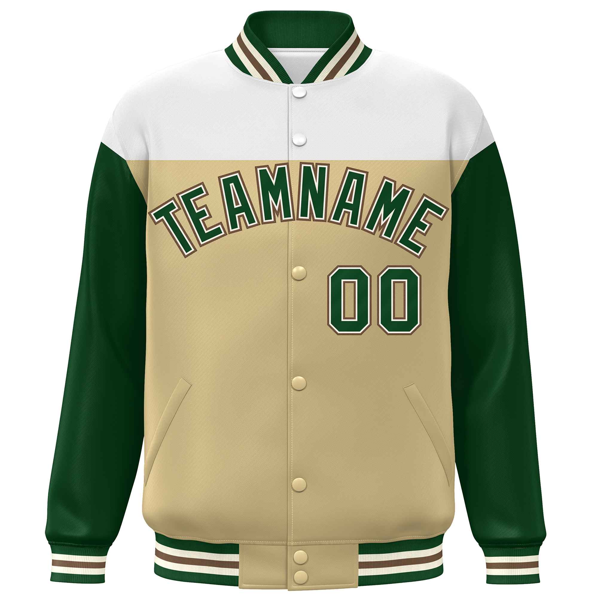 Custom White Khaki-Green Letterman Color Block Varsity Full-Snap Baseball Jacket