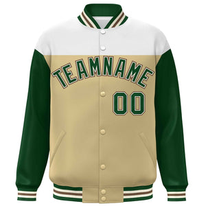 Custom White Khaki-Green Letterman Color Block Varsity Full-Snap Baseball Jacket