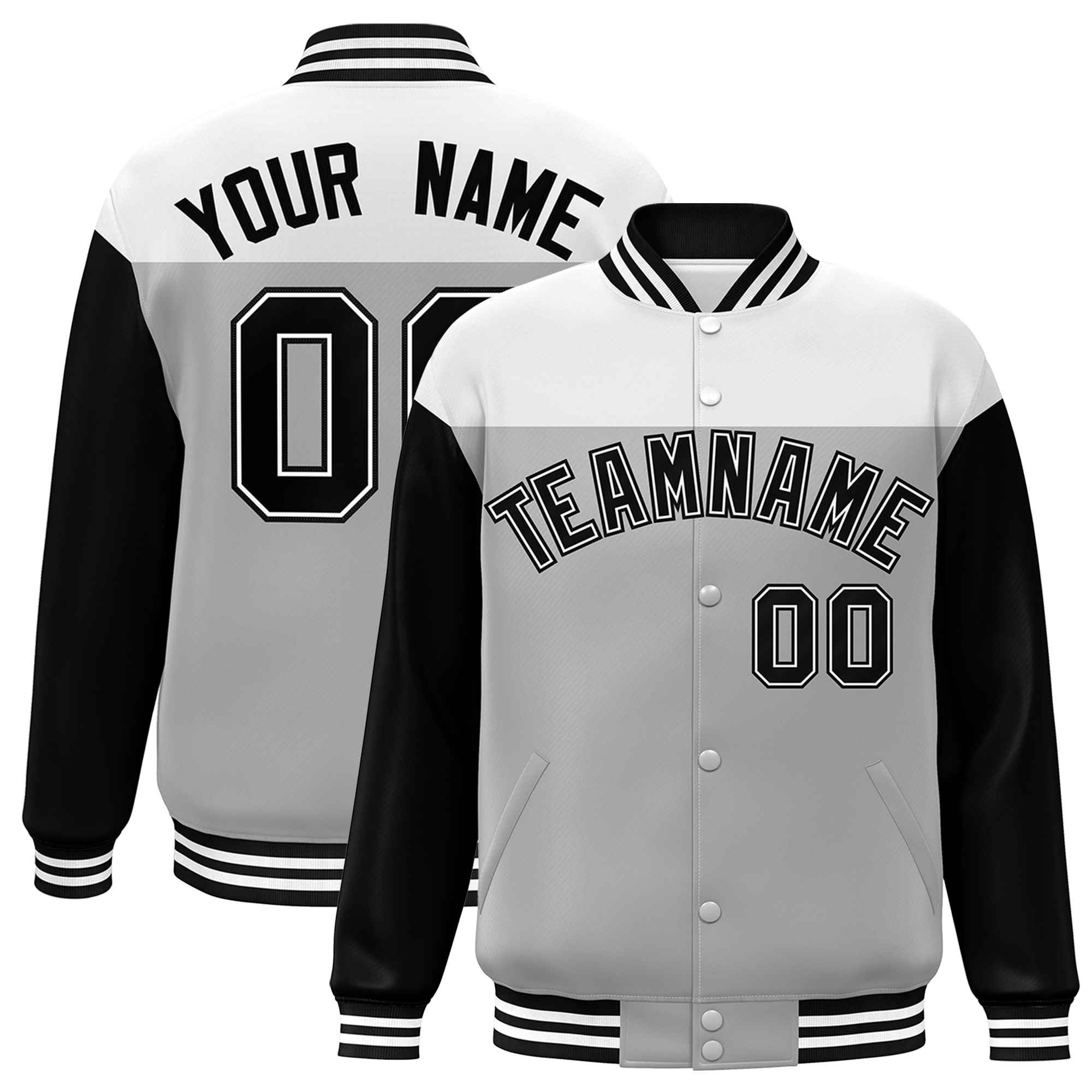 Custom White Gray-Black Letterman Color Block Varsity Full-Snap Baseball Jacket