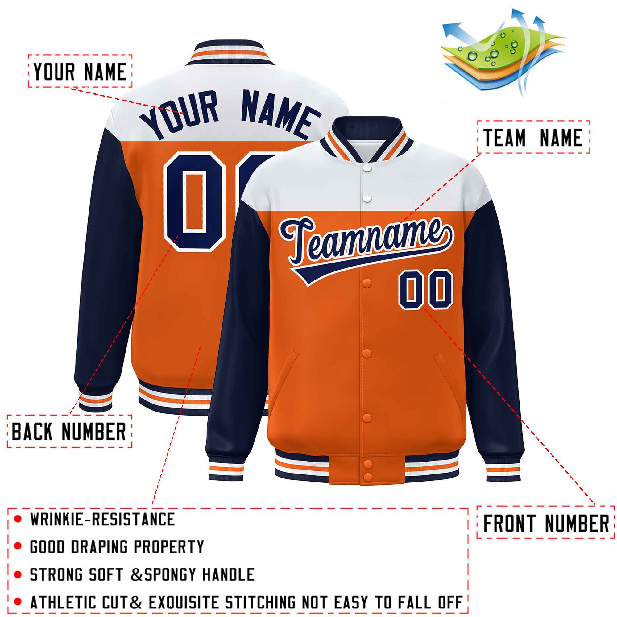 Custom White Orange-Navy Letterman Color Block Varsity Full-Snap Baseball Jacket