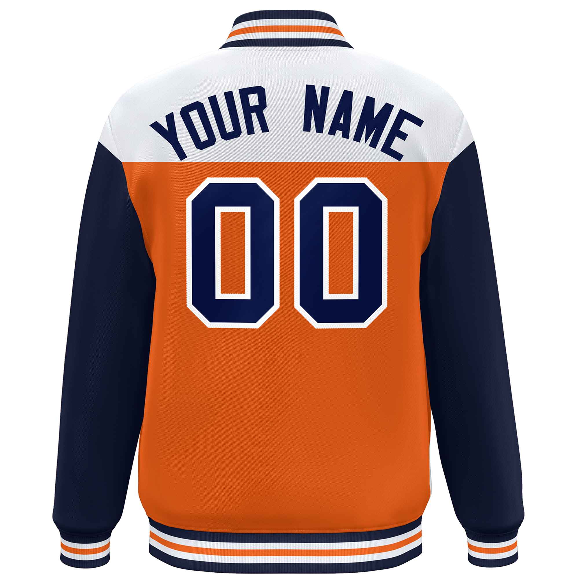 Custom White Orange-Navy Letterman Color Block Varsity Full-Snap Baseball Jacket