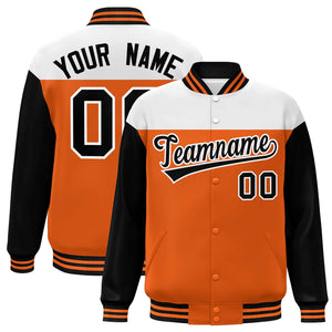 Custom White Orange-Black Letterman Color Block Varsity Full-Snap Baseball Jacket